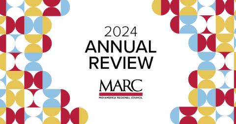 2024 Annual Review cover image with red blue and yellow half-circle graphics