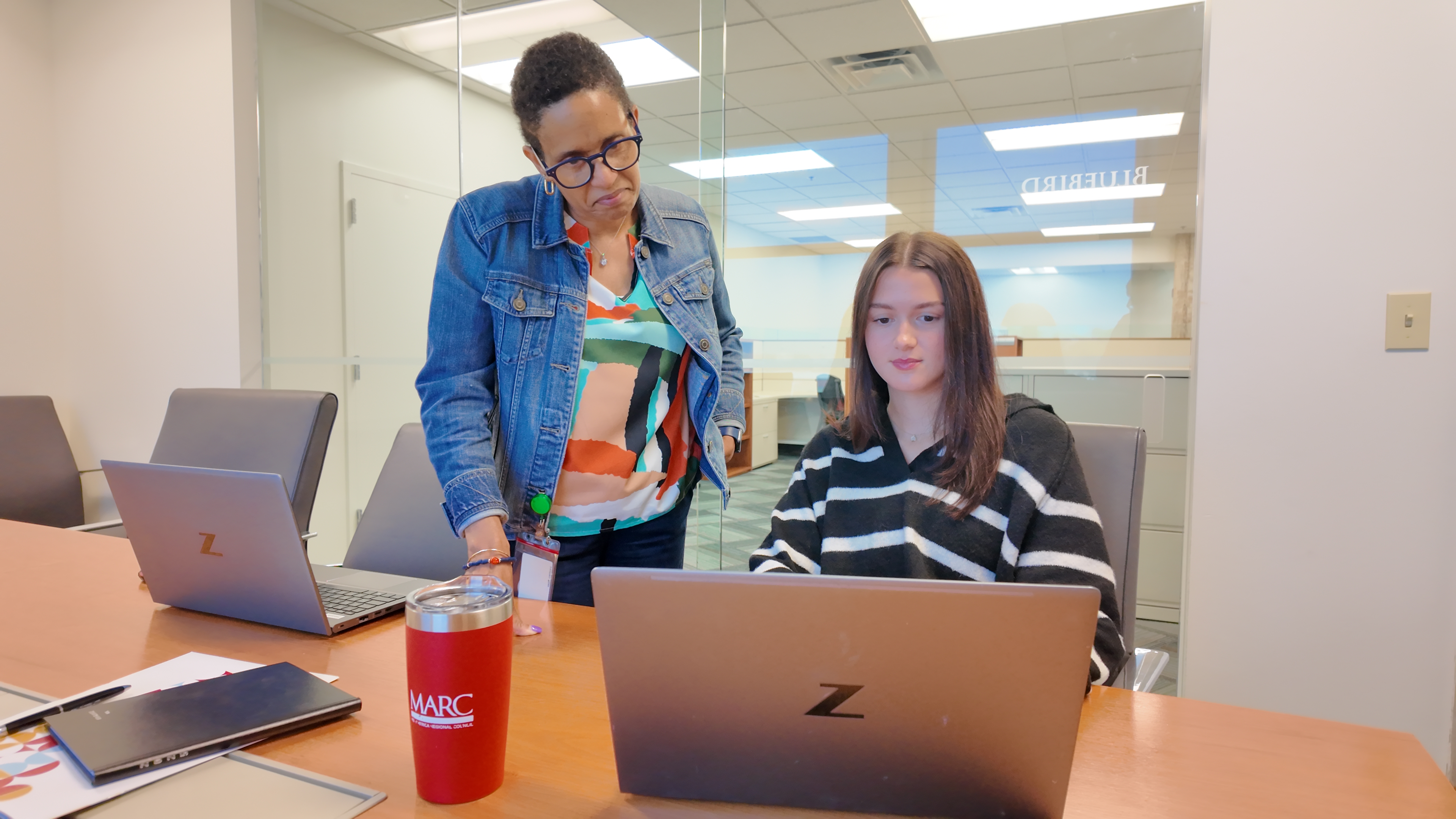 Two workers looking at a laptop