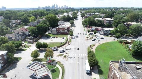 Independence Ave aerial view looking west towards downtown Kansas City