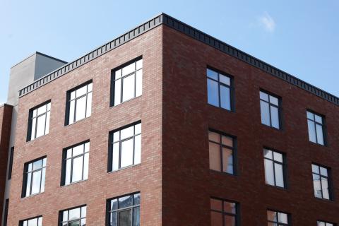 Energy efficient windows at 2nd & Delaware lofts in the River Market as seen from the street