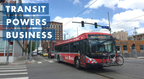 RideKC bus with bike on the front in downtown Kansas City
