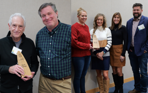Two images of awardees posing for photos